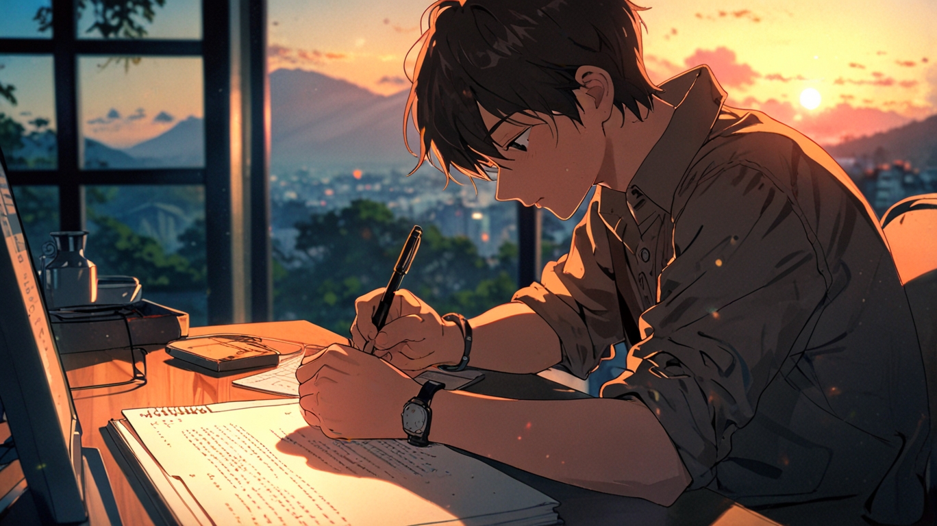 Un ragazzo in stile anime scrive una poesia al tramonto