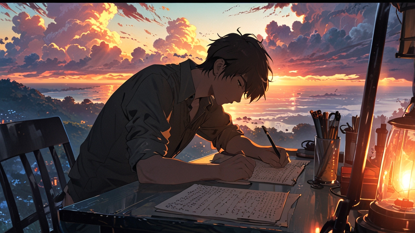 un ragazzo in stile anime scrive una poesia al tramonto